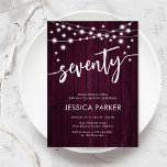 Burgundy Maroon Rustic Wood 70th Birthday Party Invitation<br><div class="desc">70th Birthday Party Invitation. Rustic design with burgundy maroon wood pattern. Classy invite card featuring fairy string lights and white script font. Perfect for a stylish seventieth bday celebration. Personalise with your own details. Can be customised for any age! Printed Zazzle invitations or instant download digital printable template.</div>