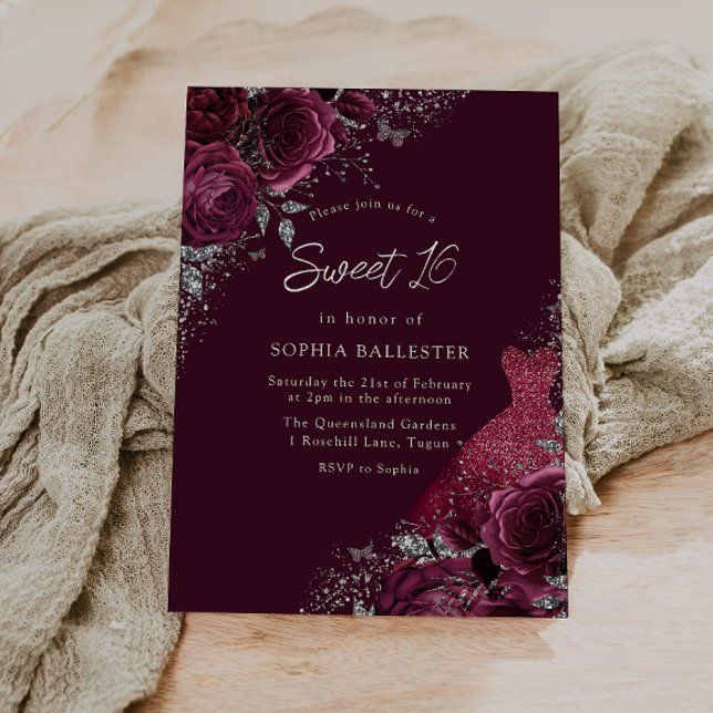 Burgundy Maroon, Silver Dress & Floral Sweet 16 Invitation (Creator Uploaded)
