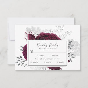 Burgundy Maroon Silver Floral Fall Wedding RSVP Card