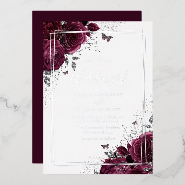 Burgundy Maroon & Silver Floral Wedding (Front/Back)