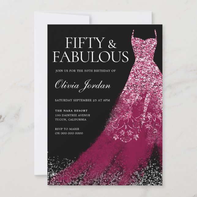 Burgundy Maroon Sparkle Dress 50th Birthday Party  Invitation (Front)