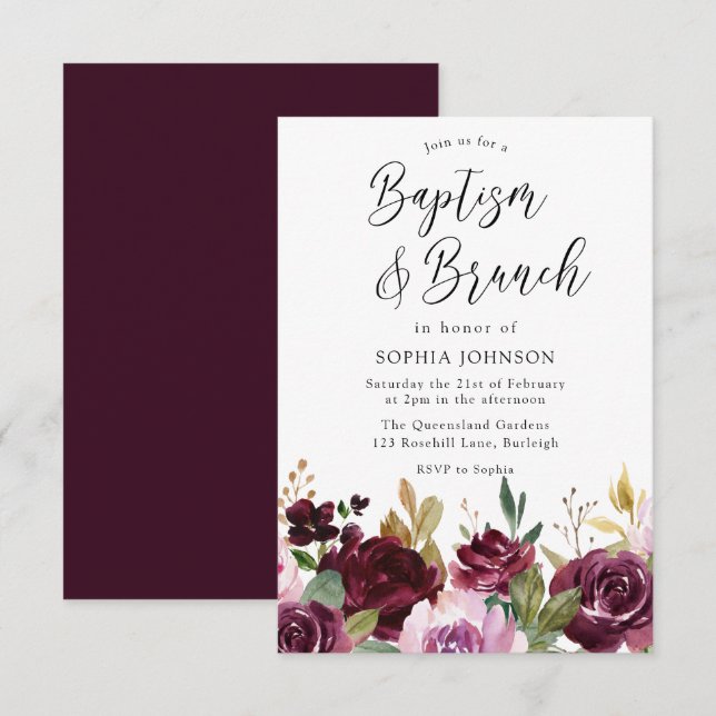 Burgundy Maroon Watercolor Floral Baptism & Brunch Invitation (Front/Back)