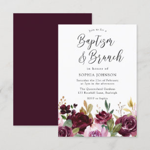 Burgundy Maroon Watercolor Floral Baptism & Brunch Invitation