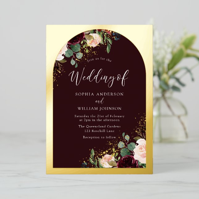 Burgundy Maroon Watercolor Floral Wedding Gold (Standing Front)