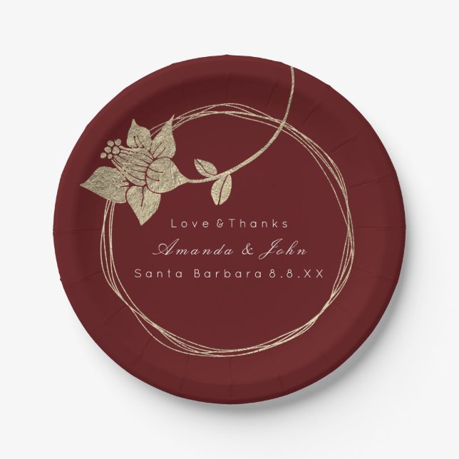 Burgundy Maroon Wedding Gold Floral Wreath Bridal Paper Plate (Front)