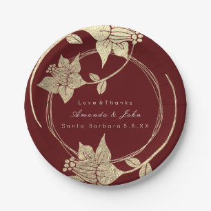 Burgundy Maroon Wedding Gold Floral Wreath Holiday Paper Plate