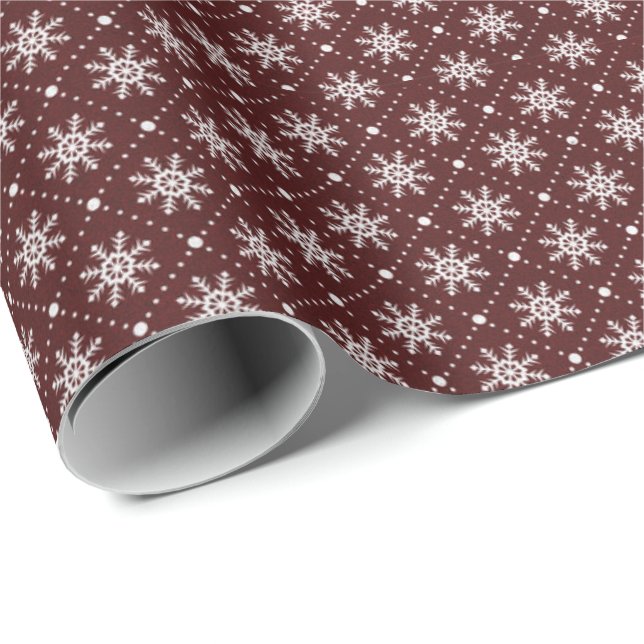 Burgundy Maroon White Snowflakes Lines Holidays Wrapping Paper (Roll Corner)