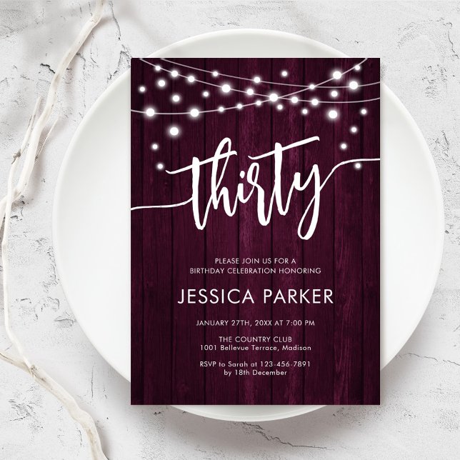 Burgundy Maroon Wood Rustic 30th Birthday Party Invitation (Creator Uploaded)