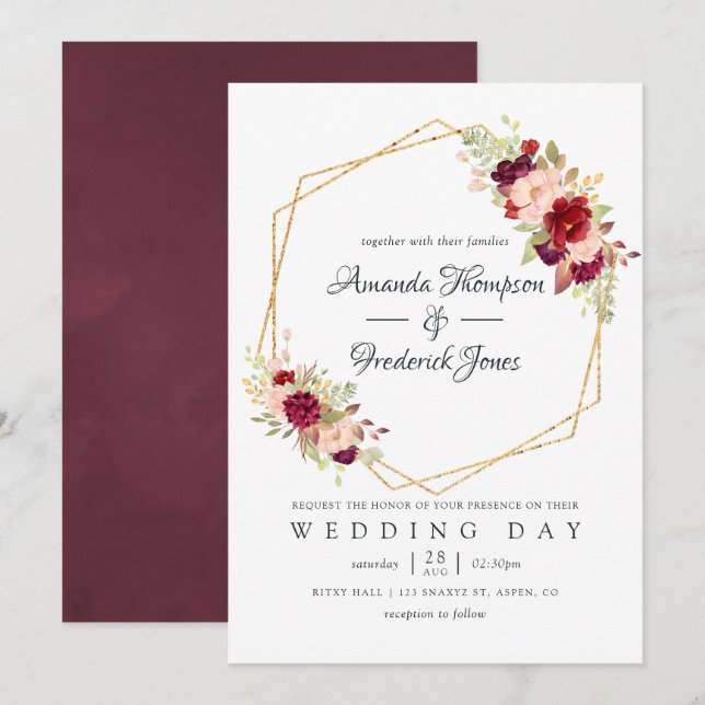 Burgundy-Marsala and Blush Boho Geometric Wedding Invitation (Front/Back)