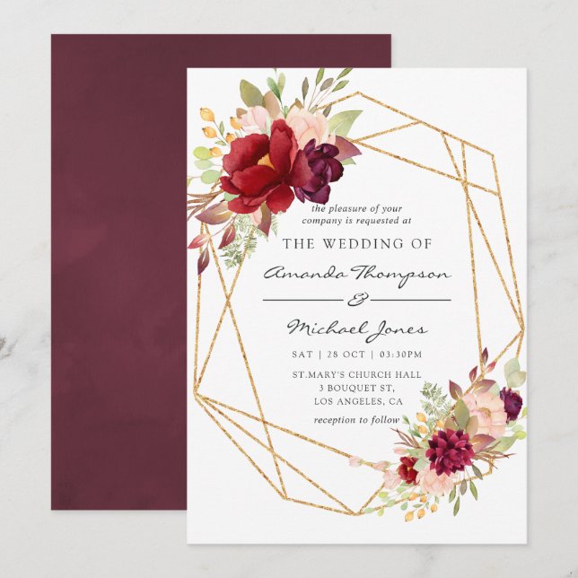 Burgundy-Marsala and Blush Boho Geometric Wedding Invitation (Front/Back)