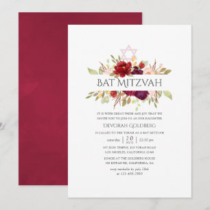 Burgundy - Marsala and Blush Floral Bat Mitzvah Invitation