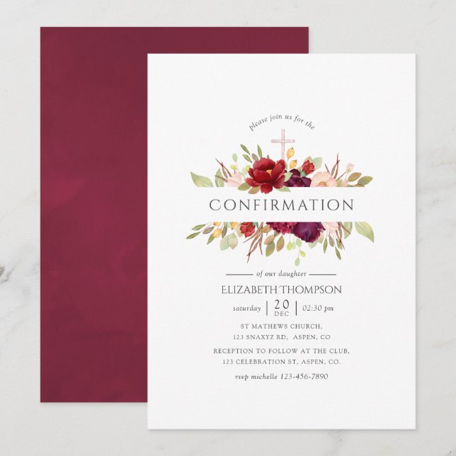 Burgundy - Marsala and Blush Floral Confirmation Invitation (Front/Back)