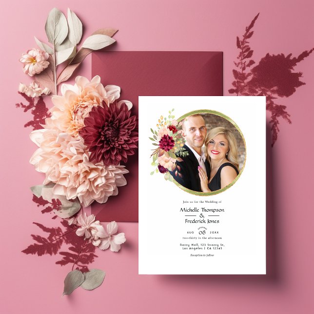 Burgundy-Marsala and Blush Floral Geometric Photo Invitation (Creator Uploaded)