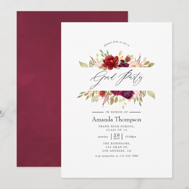 Burgundy - Marsala and Blush Floral Graduation Invitation (Front/Back)