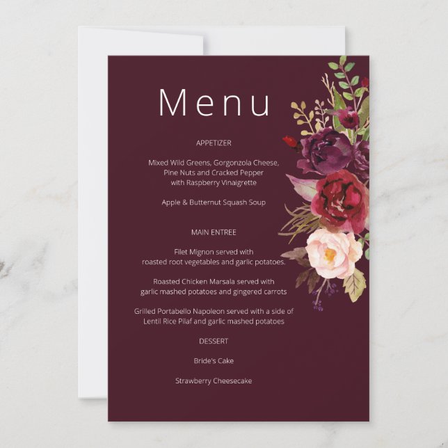 Burgundy Marsala and Blush Floral Menu Invitation (Front)
