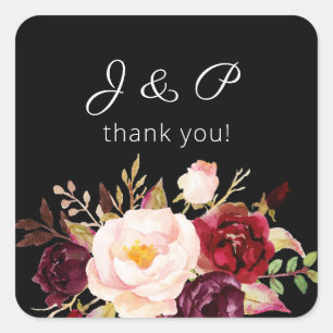 Burgundy Marsala and Blush Floral Monogram - Black Square Sticker
