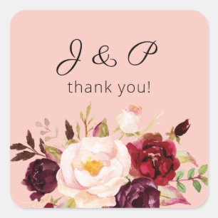 Burgundy Marsala and Blush Floral Monogram Pink 2 Square Sticker