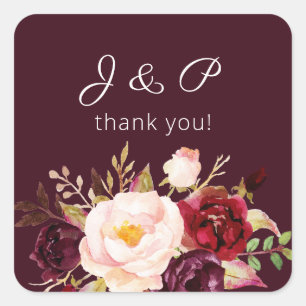 Burgundy Marsala and Blush Floral Monogram Square Sticker