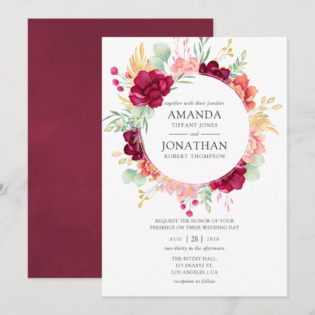 Burgundy - Marsala and Blush Floral Wedding Invitation (Front/Back)