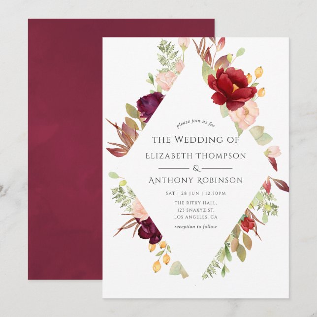 Burgundy - Marsala and Blush Floral Wedding Invitation (Front/Back)