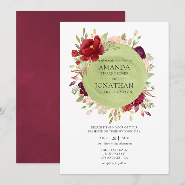 Burgundy - Marsala and Blush Floral Wedding Invitation (Front/Back)