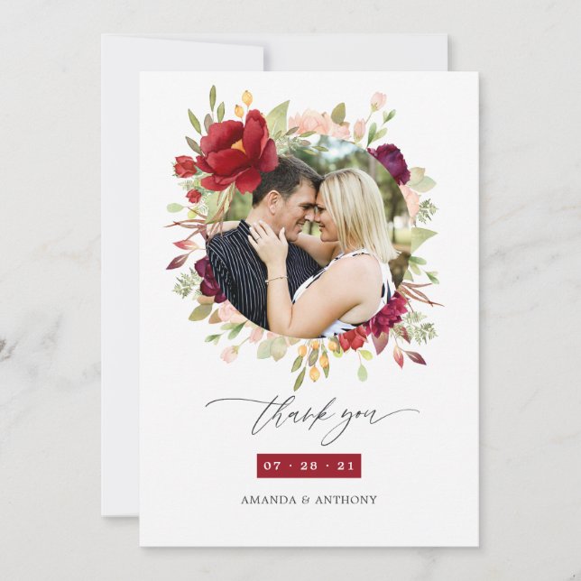 Burgundy - Marsala and Blush Floral Wedding Photo Thank You Card (Front)