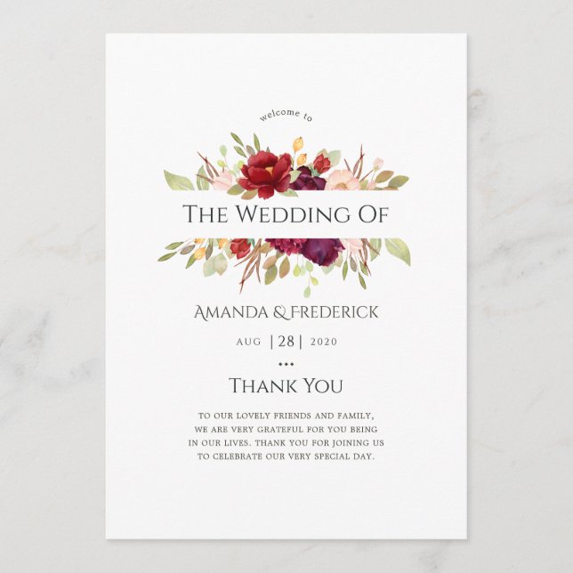 Burgundy - Marsala and Blush Floral Wedding Programme (Front)