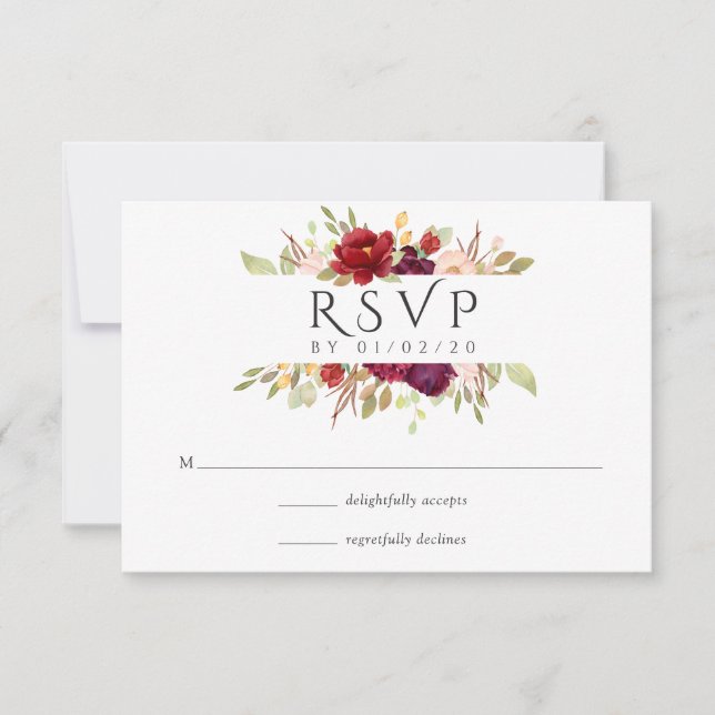 Burgundy - Marsala and Blush Floral Wedding RSVP Card