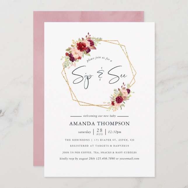 Burgundy-Marsala and Blush Geometric Sip and See Invitation (Front/Back)
