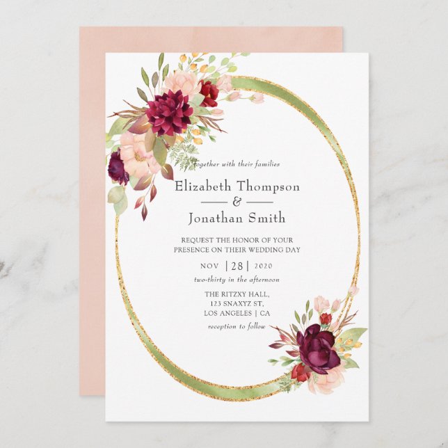 Burgundy - Marsala and Blush Geometric Wedding Invitation (Front/Back)