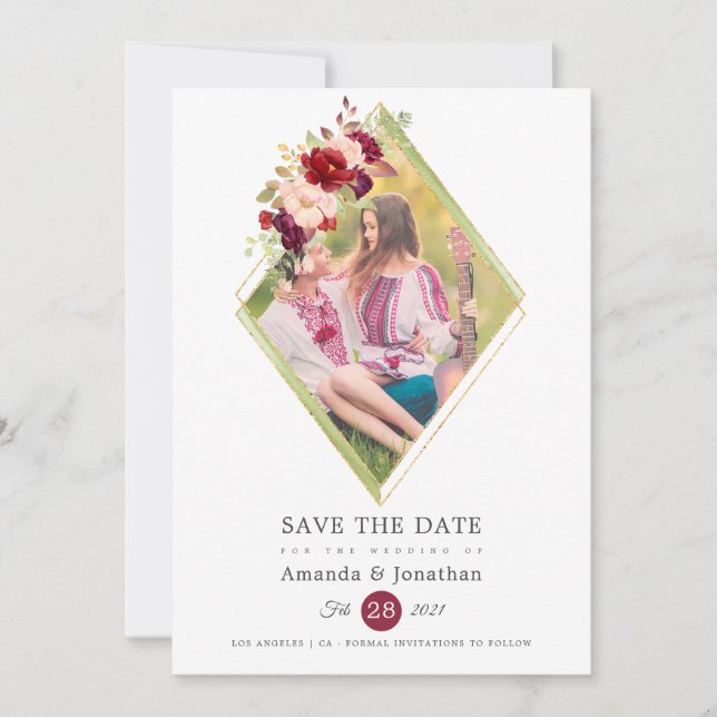 Burgundy-Marsala and Blush Photo Wedding Save The Date (Front)