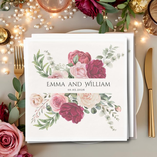 Burgundy Marsala and Blush Pink Floral Wedding Napkin (Creator Uploaded)