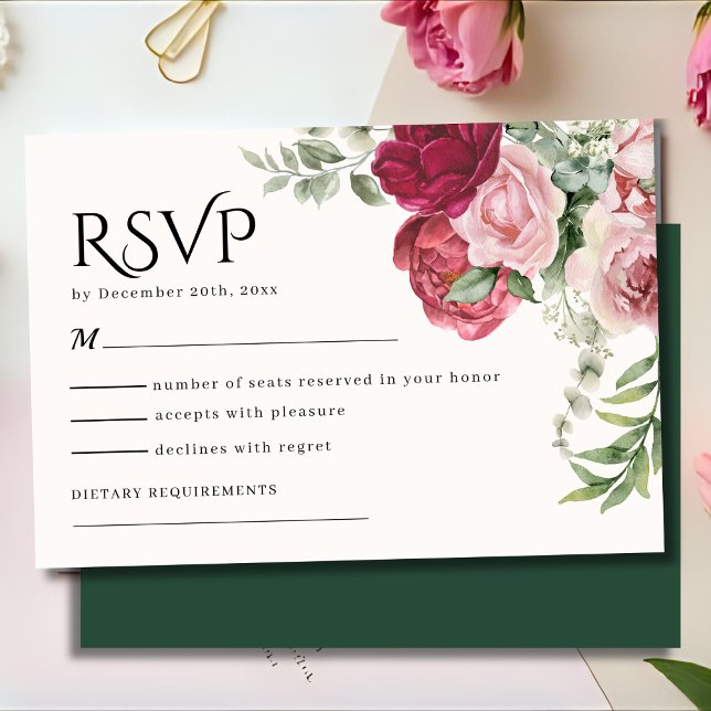 Burgundy Marsala and Blush Pink Floral Wedding RSVP Card (Creator Uploaded)