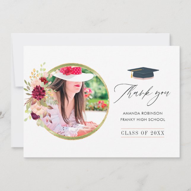 Burgundy-Marsala and Blush Pink Graduation Thank You Card (Front)
