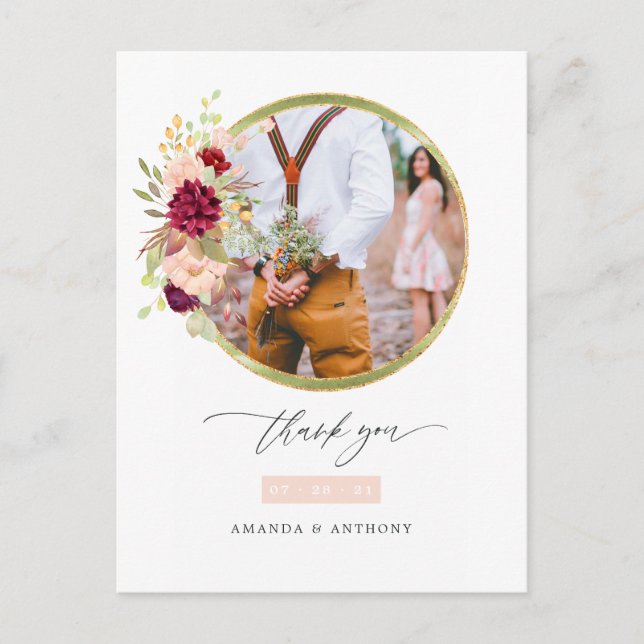 Burgundy-Marsala and Blush Wedding Photo Thank You Postcard (Front)