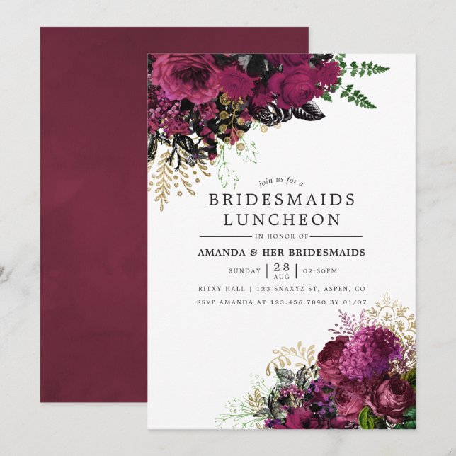 Burgundy - Marsala and Gold Bridesmaids Luncheon Invitation (Front/Back)