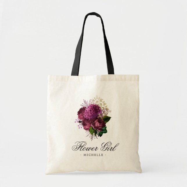 Burgundy - Marsala and Gold Floral Flower Girl Tote Bag (Front)
