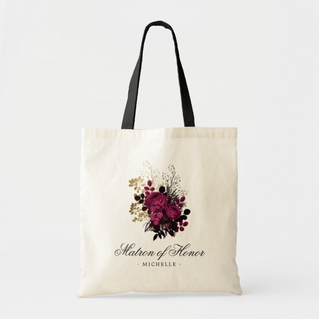 Burgundy - Marsala and Gold Floral Matron of Honou Tote Bag (Front)