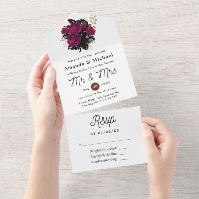 Burgundy - Marsala and Gold Floral Wedding All In One Invitation (Tearaway)