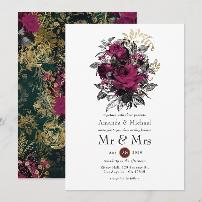 Burgundy - Marsala and Gold Floral Wedding Invitation (Front/Back)