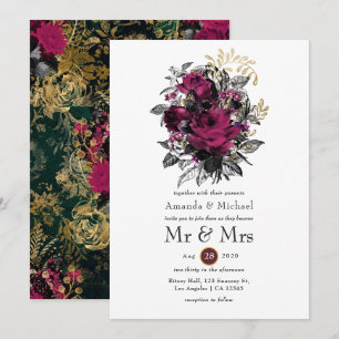 Burgundy - Marsala and Gold Floral Wedding Invitation