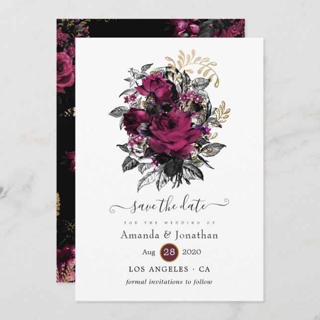 Burgundy - Marsala and Gold Floral Wedding Save The Date (Front/Back)