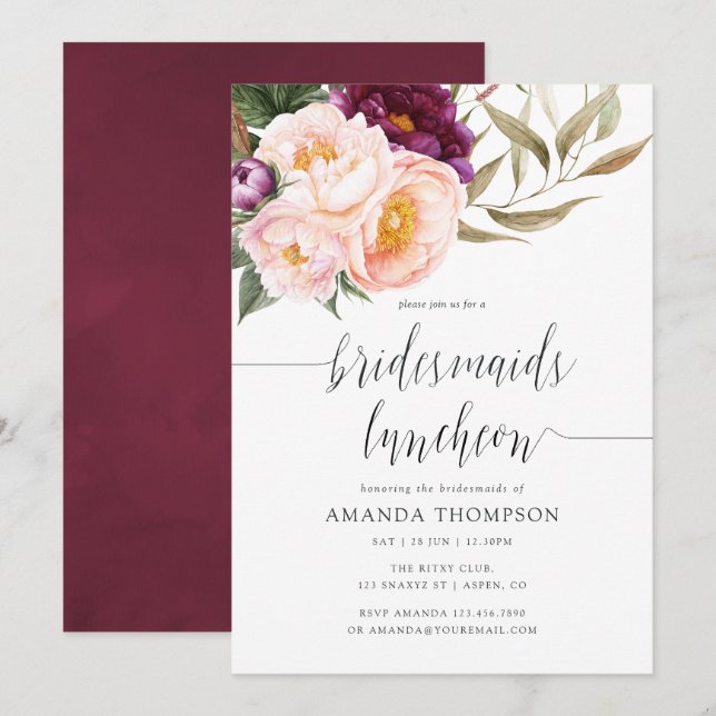 Burgundy - Marsala and Peach Bridesmaids Luncheon Invitation (Front/Back)