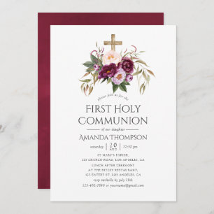 Burgundy/Marsala and Peach First Holy Communion Invitation