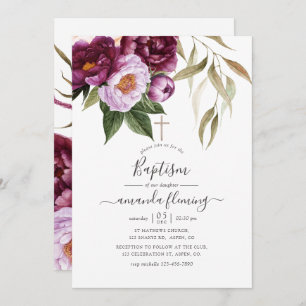 Burgundy - Marsala and Peach Floral Baptism Invitation