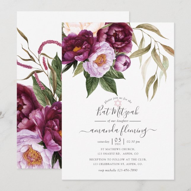 Burgundy - Marsala and Peach Floral Bat Mitzvah Invitation (Front/Back)