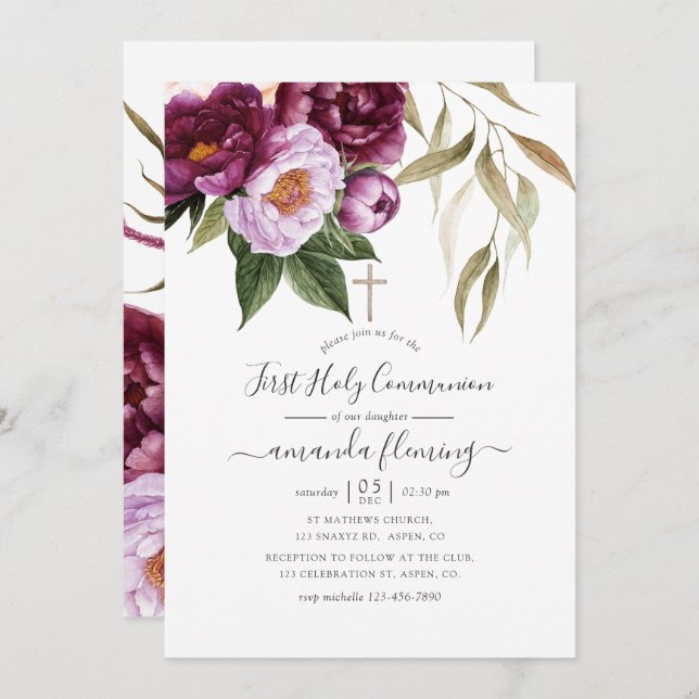Burgundy - Marsala and Peach Floral Holy Communion Invitation (Front/Back)