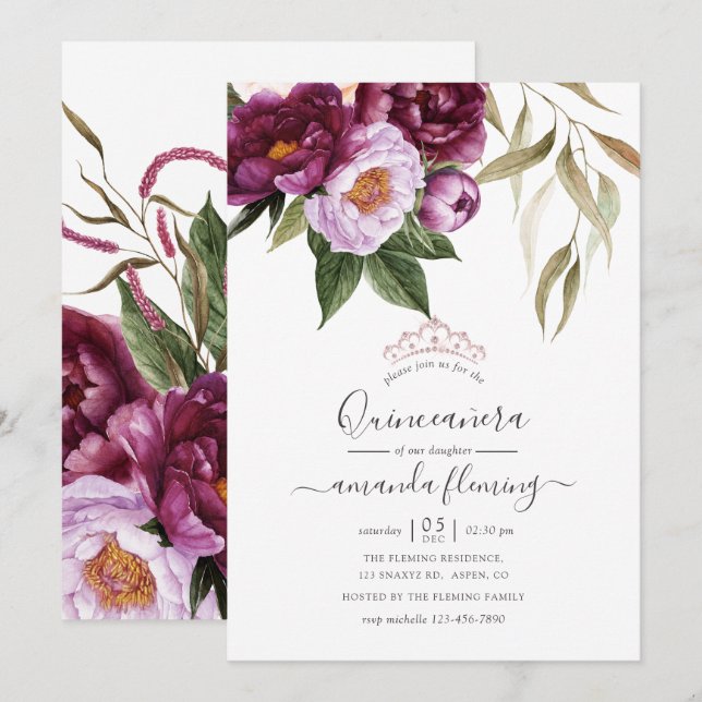 Burgundy - Marsala and Peach Floral Quinceañera Invitation (Front/Back)