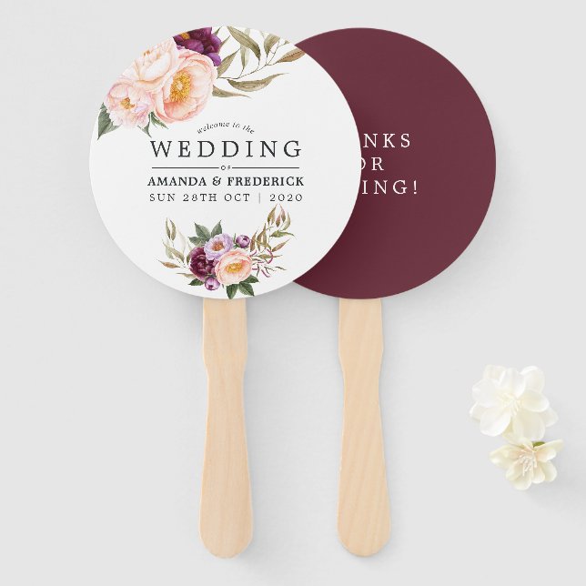Burgundy - Marsala and Peach Floral Wedding Favour Hand Fan (Front and Back)