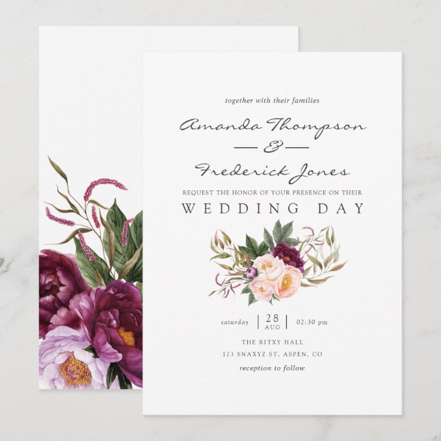 Burgundy - Marsala and Peach Floral Wedding Invite (Front/Back)